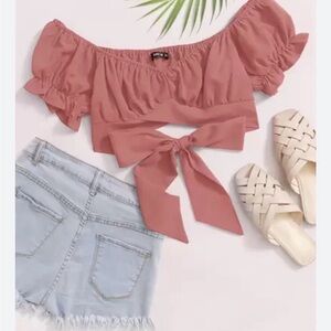 Shein Watermelon Pink Soleia Tied Hem Puff Sleeve Crop size M EUC